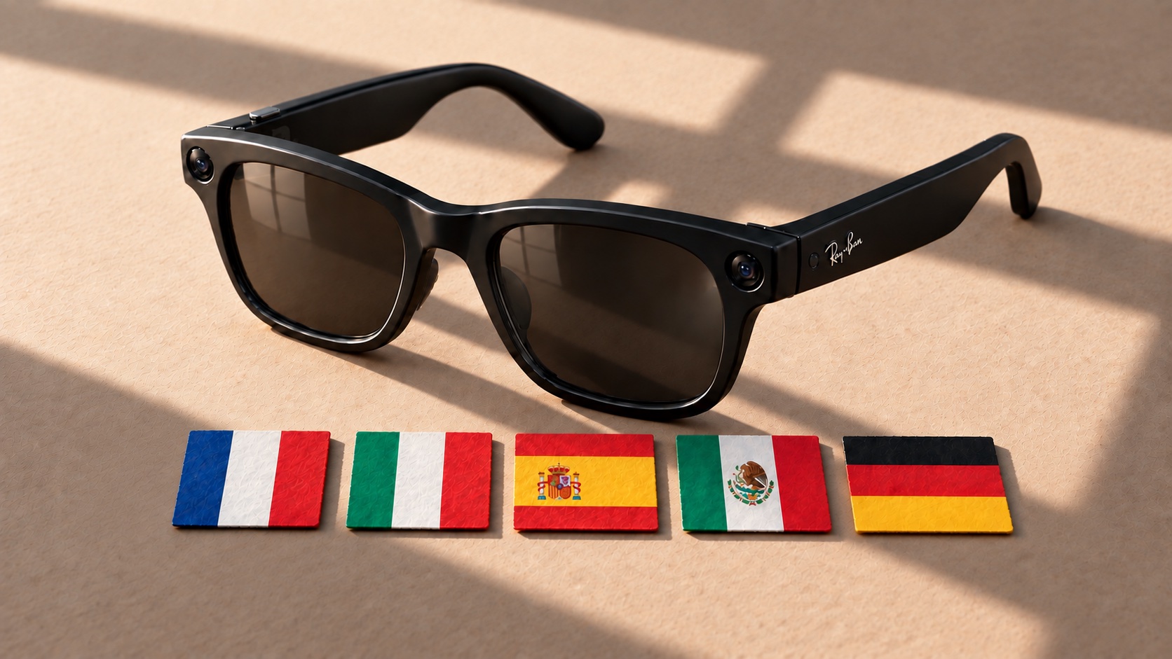 Ray-Ban Meta glasses on a tan surface in window light, with five small flag tiles in a row beneath them — France, Italy, Spain, Mexico, Germany.