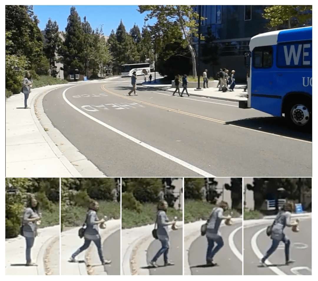 Figure 1: a wide shot of a campus road with a bus and pedestrians, above a five-frame strip of one pedestrian stepping off the curb and breaking into a run.