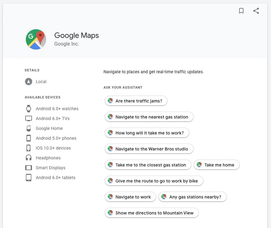 Google Assistant directory page for Google Maps listing example voice commands such as “Are there traffic jams?” and “Navigate to the nearest gas station.”